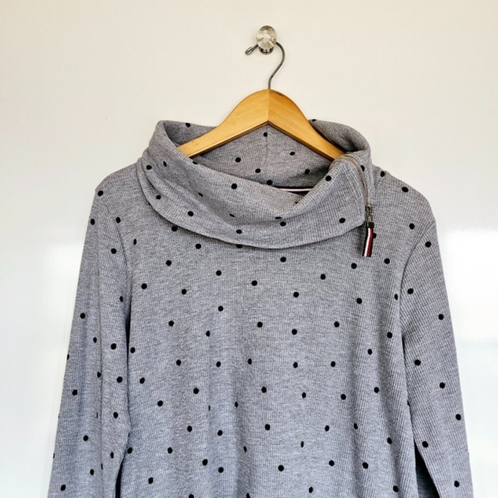Izod Grey Black Polka Dot Zip Up Mock Neck Waffle Knit L Sweatshirt Long Sleeve